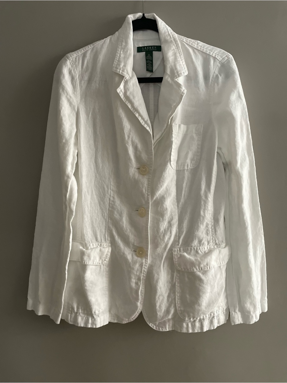 Lauren Ralph Lauren White Linen 3-Button Blazer Jacket Front Pockets Size 10